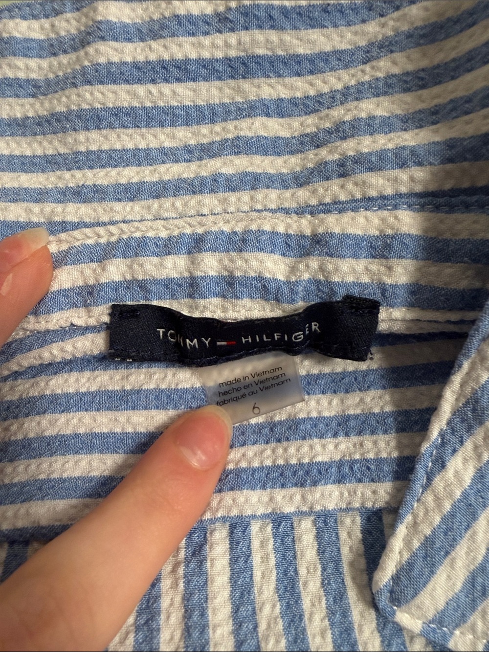 Tommy Hilfiger seersucker collared shirt dress blue and white no belt tie maxi - Picture 7 of 8